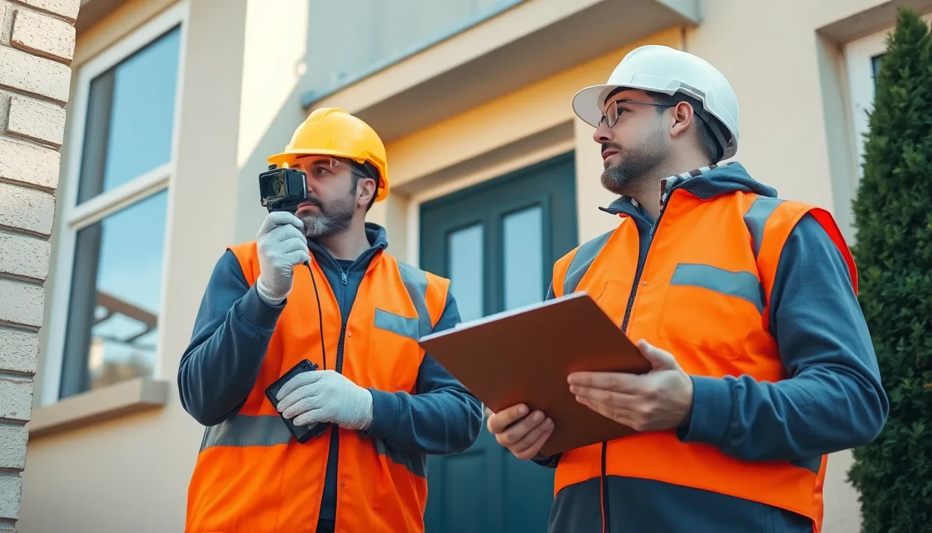 Deux diagnostiqueurs immobiliers en tenue de sécurité inspectant un bâtiment résidentiel pour détecter la présence d'amiante, avec des équipements de test et un environnement de travail sécurisé.