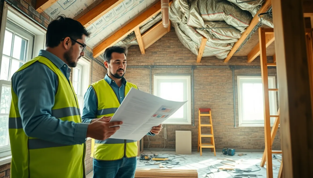Équipe de professionnels inspectant un bâtiment résidentiel pour un diagnostic de performance énergétique, avec un expert examinant un rapport tandis qu'un autre vérifie l'isolation dans le grenier.