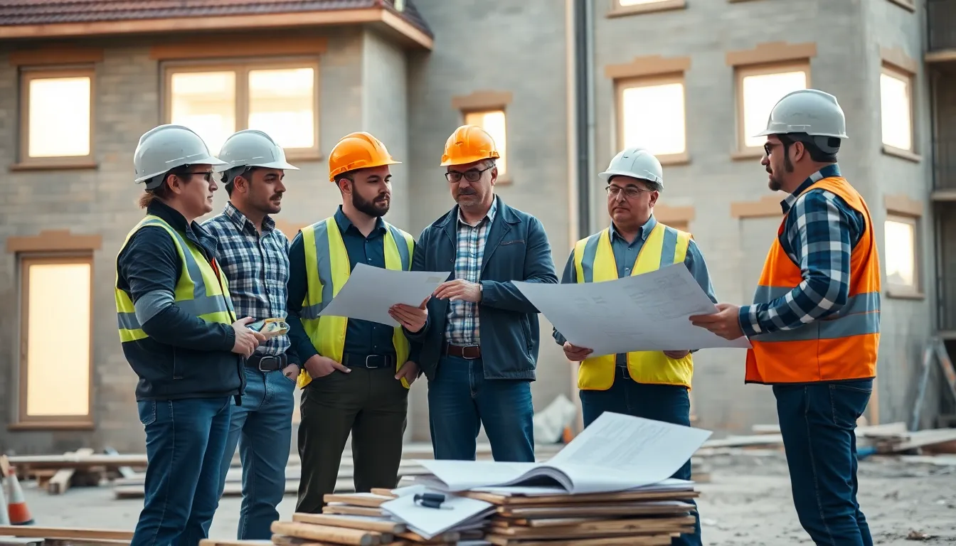 Cinq professionnels en tenue de travail inspectant un bâtiment résidentiel sur un chantier, discutant des exigences du diagnostic de performance énergétique.