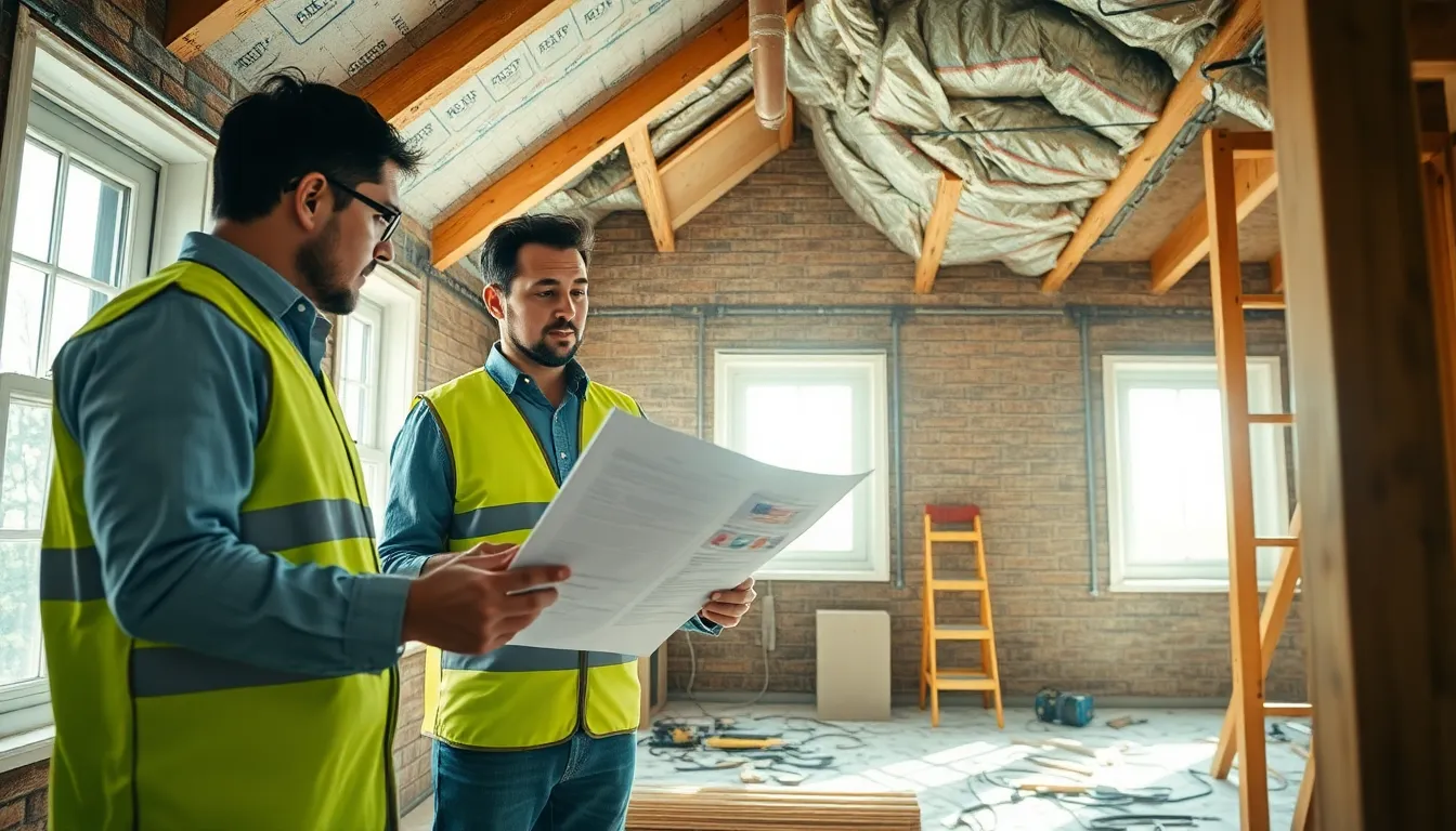 Équipe de professionnels inspectant un bâtiment résidentiel pour un diagnostic de performance énergétique, avec un expert examinant un rapport tandis qu'un autre vérifie l'isolation dans le grenier.