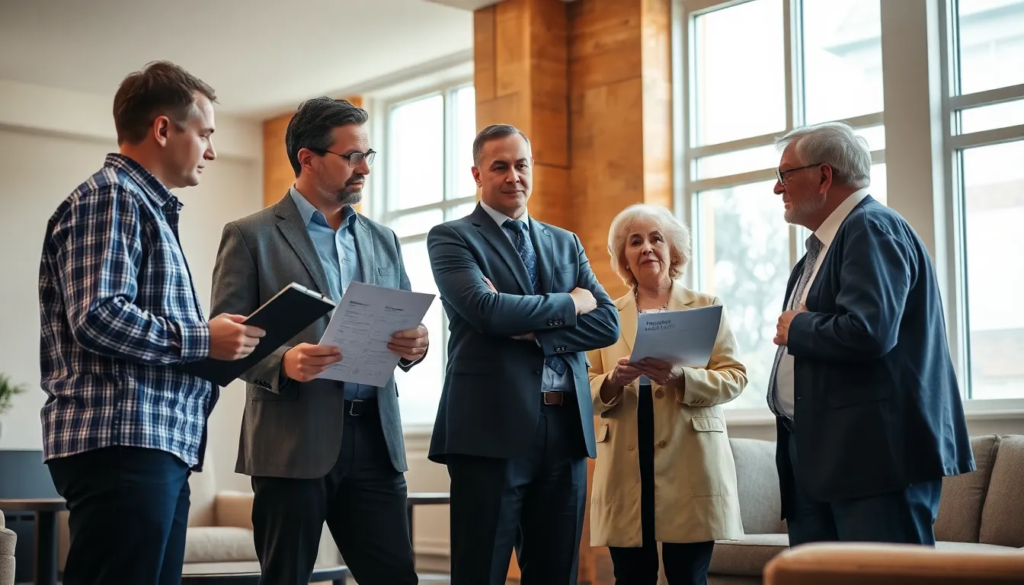 Groupe de cinq professionnels inspectant un bâtiment EHPAD pour divers diagnostics immobiliers, y compris la performance énergétique et les risques d'amiante.