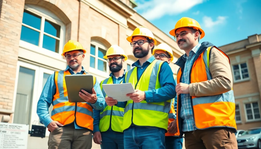 Une équipe de cinq professionnels inspectant l'extérieur d'un bâtiment public pour dépister la présence d'amiante, utilisant des outils spécifiques et prenant des notes, le tout dans un environnement professionnel.