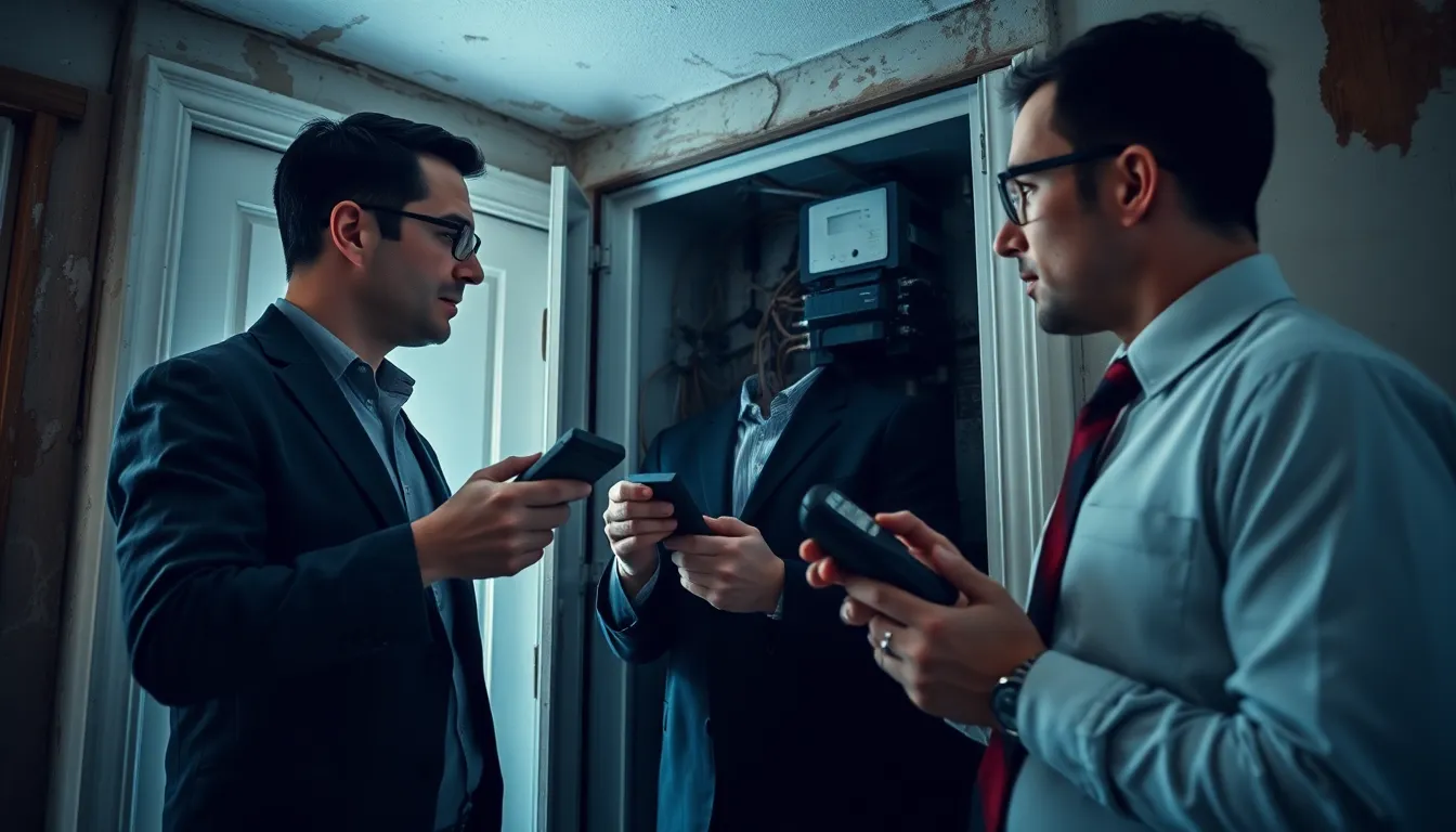 Deux professionnels inspectant un panneau électrique dans un ancien immeuble résidentiel, présentant des signes d'usure, mettant en avant l'importance des diagnostics immobiliers pour la sécurité électrique.