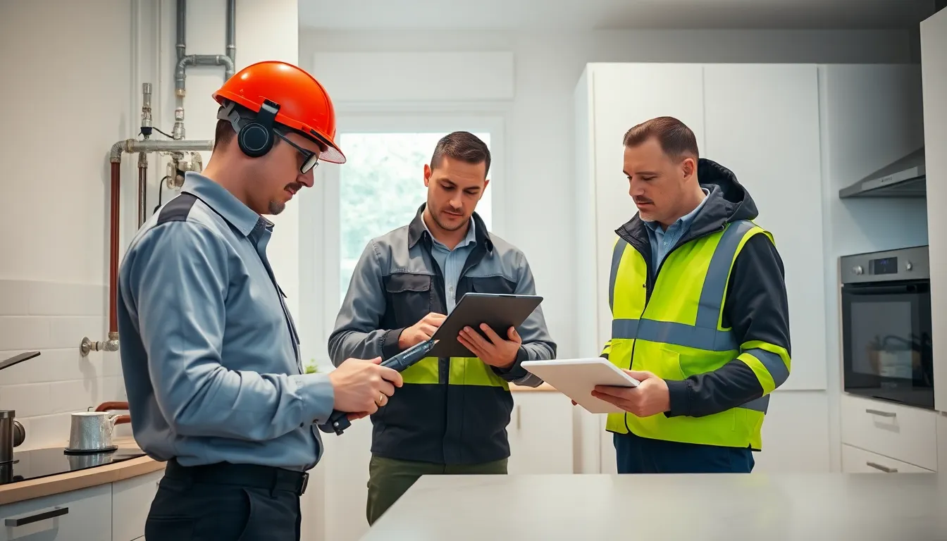 Un professionnel du diagnostic gaz inspectant une installation résidentielle moderne dans une cuisine lumineuse, utilisant des équipements avancés.