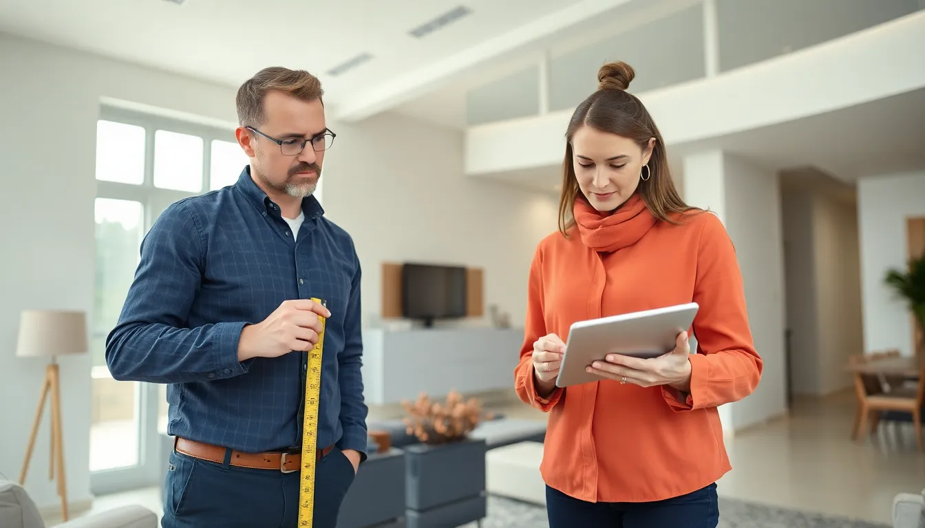 Deux professionnels inspectant un bien immobilier pour mesurer la surface conformément à la loi Carrez avec un mètre et une tablette.