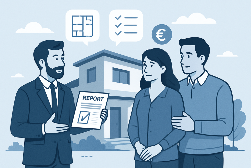 Illustration professionnelle montrant un diagnostiqueur immobilier tenant un rapport devant une maison moderne, échangeant avec un couple de propriétaires, éléments visuels de plans, icônes d’euro et de check-list, palette de couleurs sobres bleu et gris, style flat design clair, lumière naturelle, ambiance informative et rassurante.