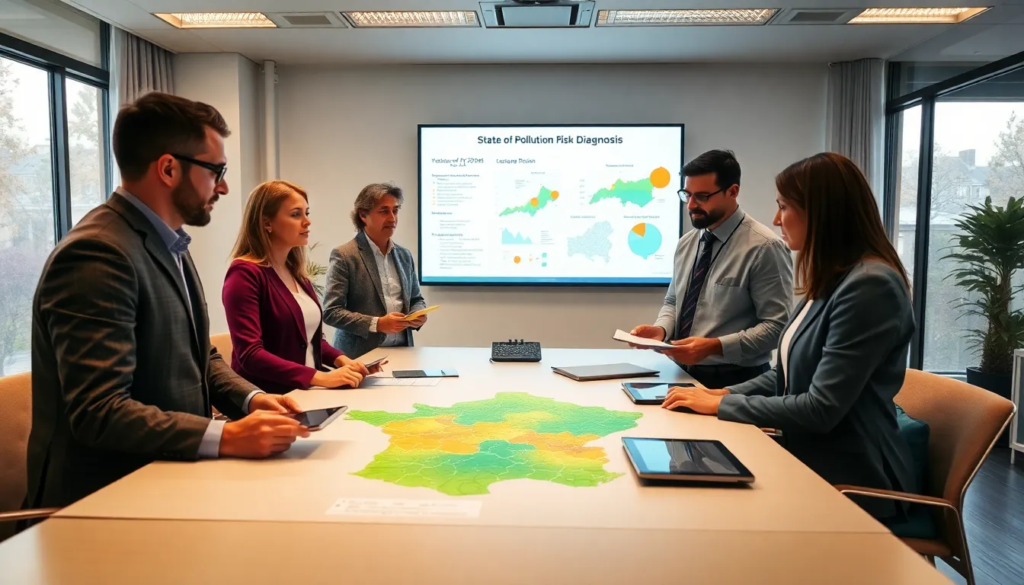 Cinq professionnels discutant de l'État des Risques de Pollution (ERP) dans un bureau moderne, mettant en avant des données et une carte des zones à risque dans les Yvelines.