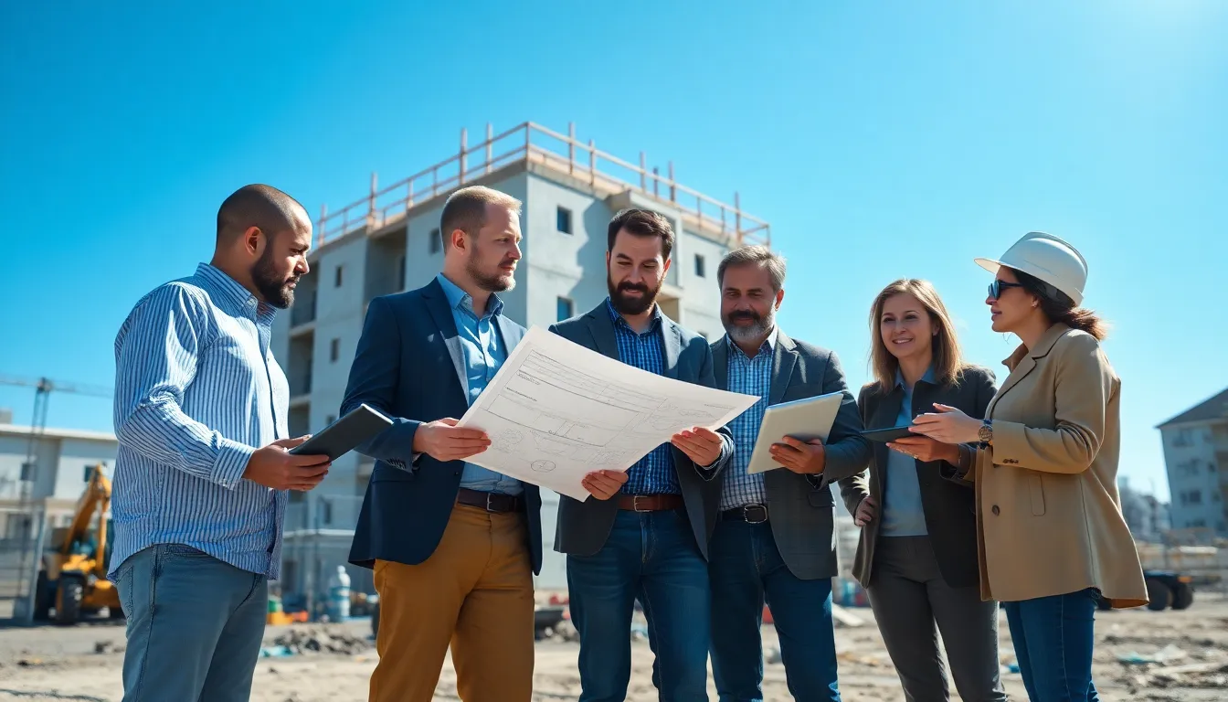 Groupe de cinq professionnels discutant d'un projet de rénovation de copropriété sur un site extérieur, avec des plans et des équipements de construction en arrière-plan.