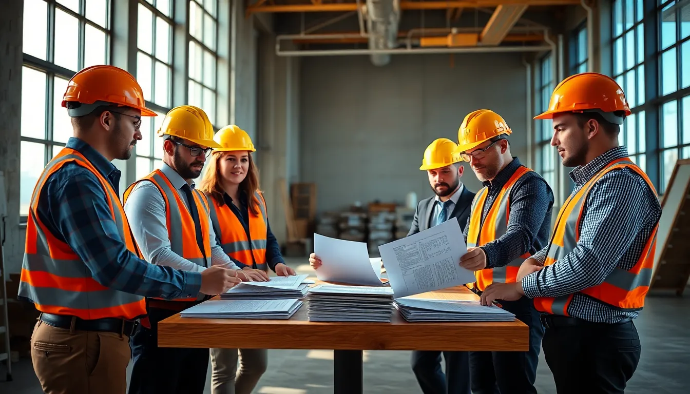 Cinq professionnels en tenue adéquate se rassemblent autour d'une table pour examiner des rapports d'inspection amiante dans un environnement de chantier sécurisé et lumineux, soulignant l'importance des obligations légales.