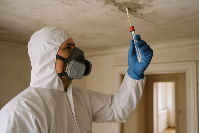 Photo reportage professionnelle haute définition montrant un technicien en combinaison de protection blanche et masque respiratoire, réalisant un prélèvement pour diagnostic amiante dans un bâtiment ancien en rénovation, détecteur portable à la main, panneau d’avertissement amiante visible, éclairage neutre, ambiance réaliste et informative