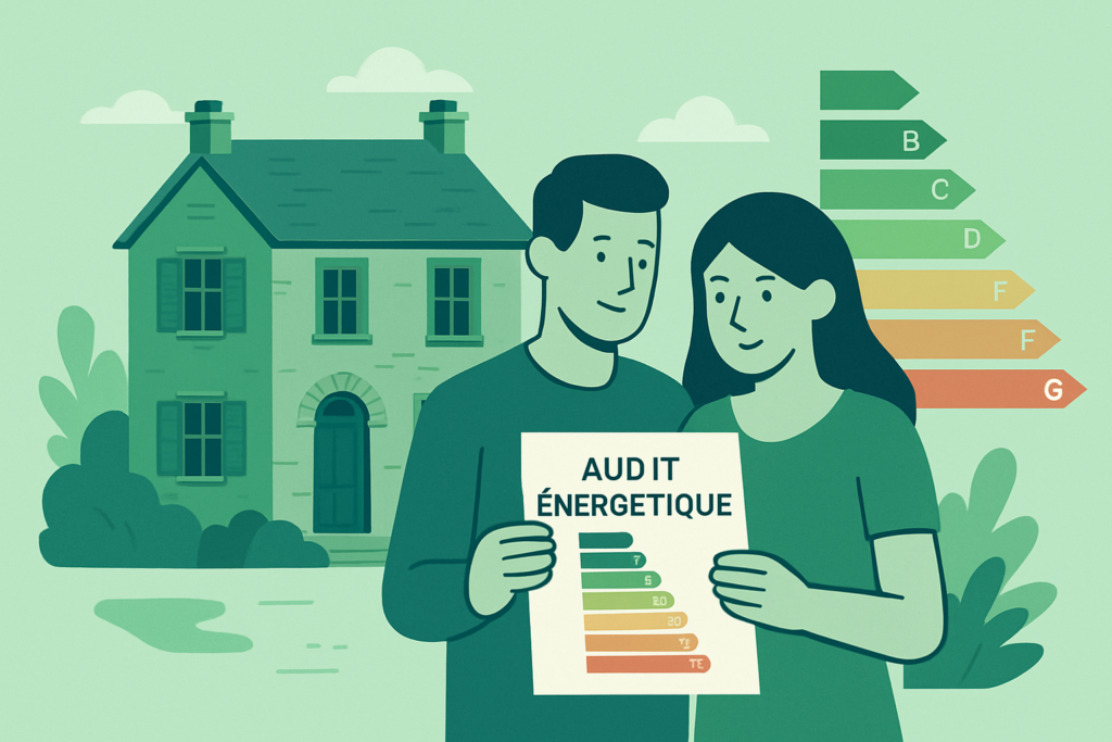 Illustration vectorielle en flat design d’un couple devant une maison ancienne tenant un rapport d’audit énergétique avec un graphique de performance énergétique en arrière-plan, couleurs vertes et bleues, style professionnel et épuré, lumière naturelle, destinée à un article de blog immobilier sur l’audit énergétique obligatoire 2025