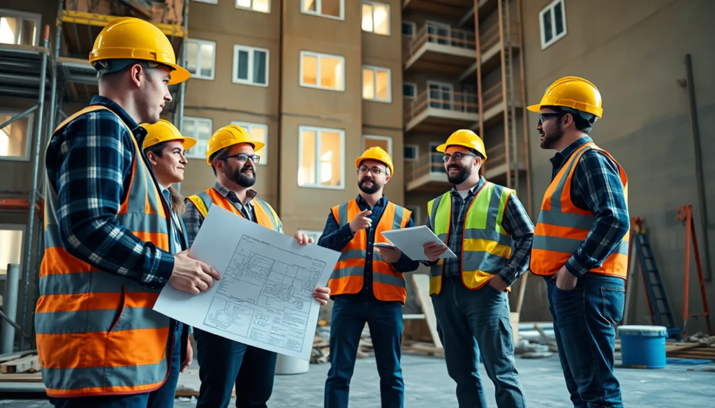 Groupe de cinq professionnels sur un chantier de rénovation énergétique discutant des plans d'amélioration énergétique pour un bâtiment résidentiel.