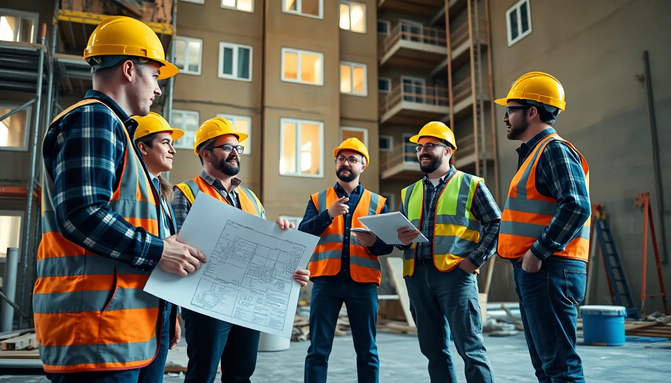 Groupe de cinq professionnels sur un chantier de rénovation énergétique discutant des plans d'amélioration énergétique pour un bâtiment résidentiel.