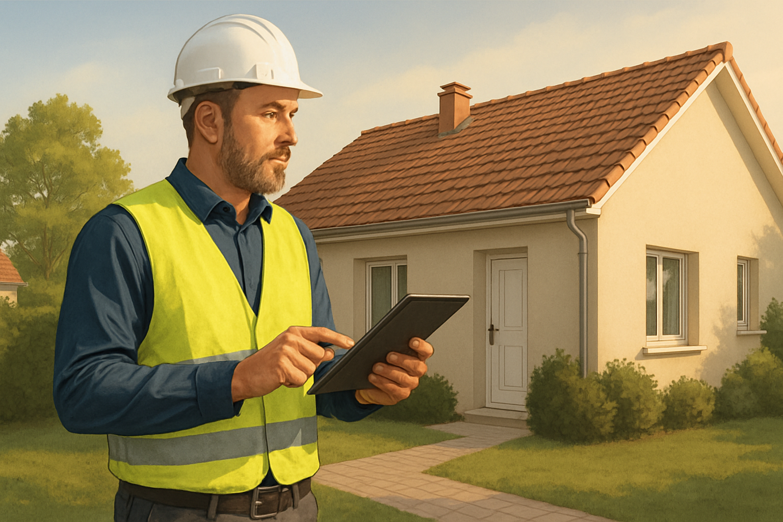Illustration vectorielle réaliste d’un diagnostiqueur immobilier certifié inspectant une maison pavillonnaire typique d’Achères (Yvelines), tablette numérique à la main, équipements de sécurité visibles, lumière douce de fin d’après-midi, couleurs naturelles, style professionnel et épuré