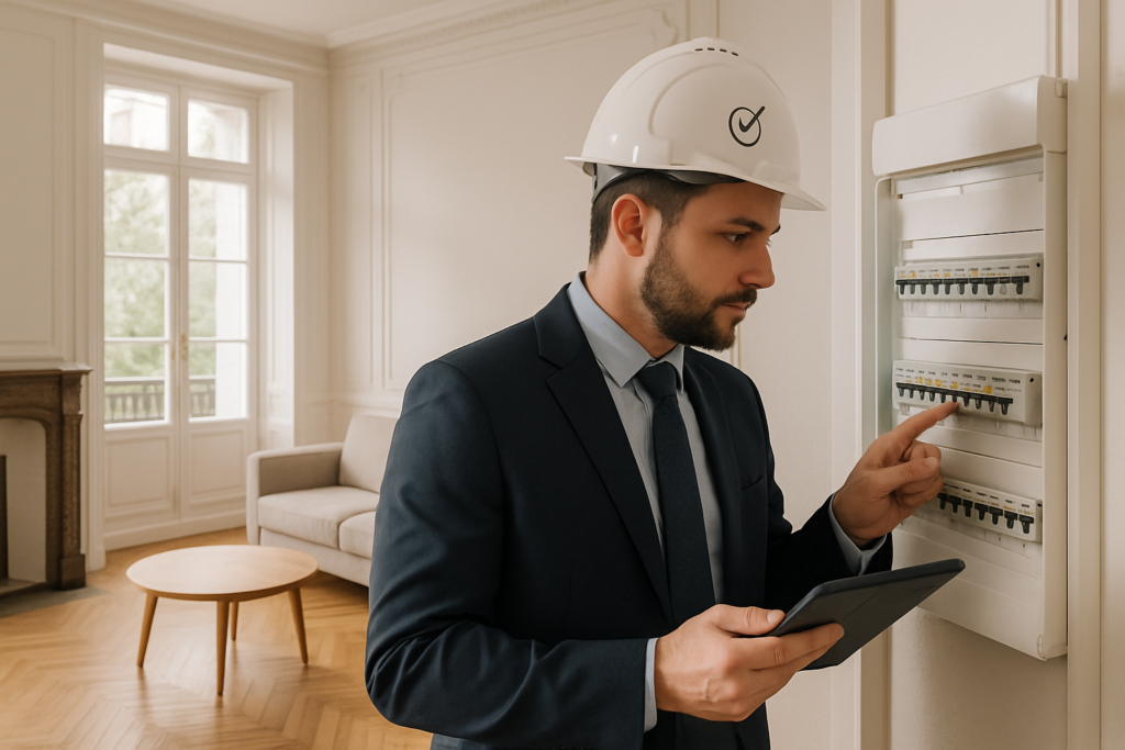 A realistic, professional scene showing a certified real-estate inspector wearing a protective helmet and holding a digital tablet while examining the electrical panel of a bright, bourgeois living room typical of Maisons-Laffitte architecture (large windows, parquet floor, mouldings). Natural daylight, neutral tones, sharp focus, corporate style, 3:2 ratio.