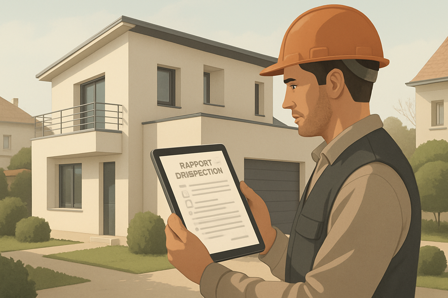 Illustration professionnelle d'un diagnostiqueur immobilier inspectant une maison contemporaine en France avec une tablette numérique, affichant un rapport clair, style flat design réaliste, palette de couleurs neutres, lumière naturelle douce, ambiance sérieuse, résolution 4K