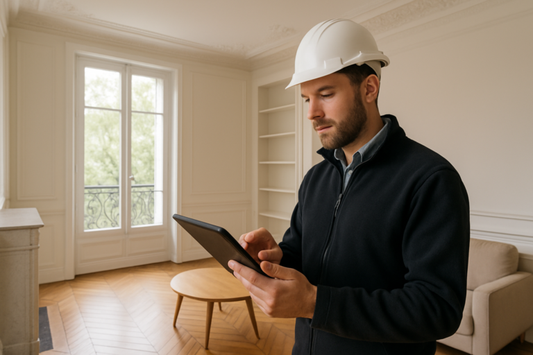Photo réaliste, haute résolution : un technicien en diagnostic immobilier équipé d’une tablette inspecte un salon d’appartement haussmannien à Saint-Germain-en-Laye. Parquet ancien, moulures au plafond, lumière naturelle traversant de grandes fenêtres, attitude professionnelle, couleurs neutres et ambiance claire.
