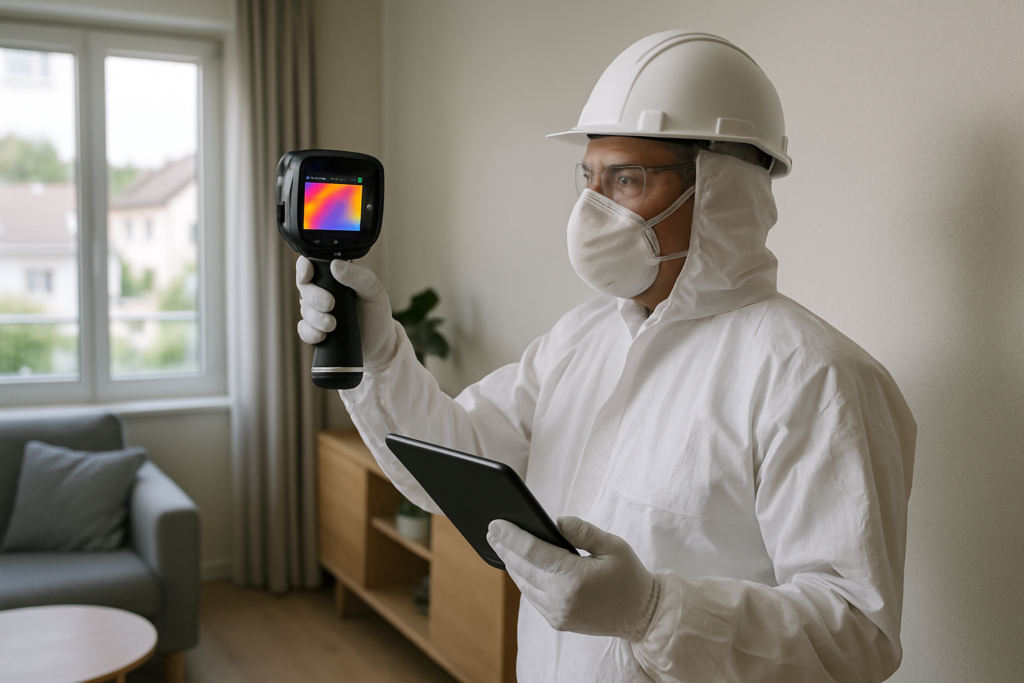 Scène intérieure d'un appartement moderne à Sartrouville : un technicien en diagnostic immobilier, équipé d'une combinaison blanche, d'un casque et d'un masque, inspecte un mur avec une caméra thermique tout en tenant une tablette numérique. Lumière naturelle douce, ambiance professionnelle et rassurante. Style photo réaliste, haute définition.