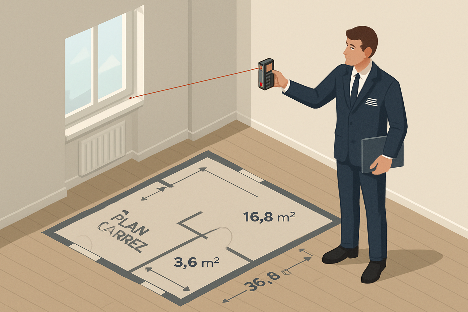Illustration isométrique professionnelle d’un agent immobilier utilisant un télémètre laser pour mesurer la superficie d’un appartement lumineux, avec un plan au sol semi-transparent affichant les cotes loi Carrez et des annotations précises, style flat design réaliste, couleurs sobres et modernes, ambiance sérieuse et informative