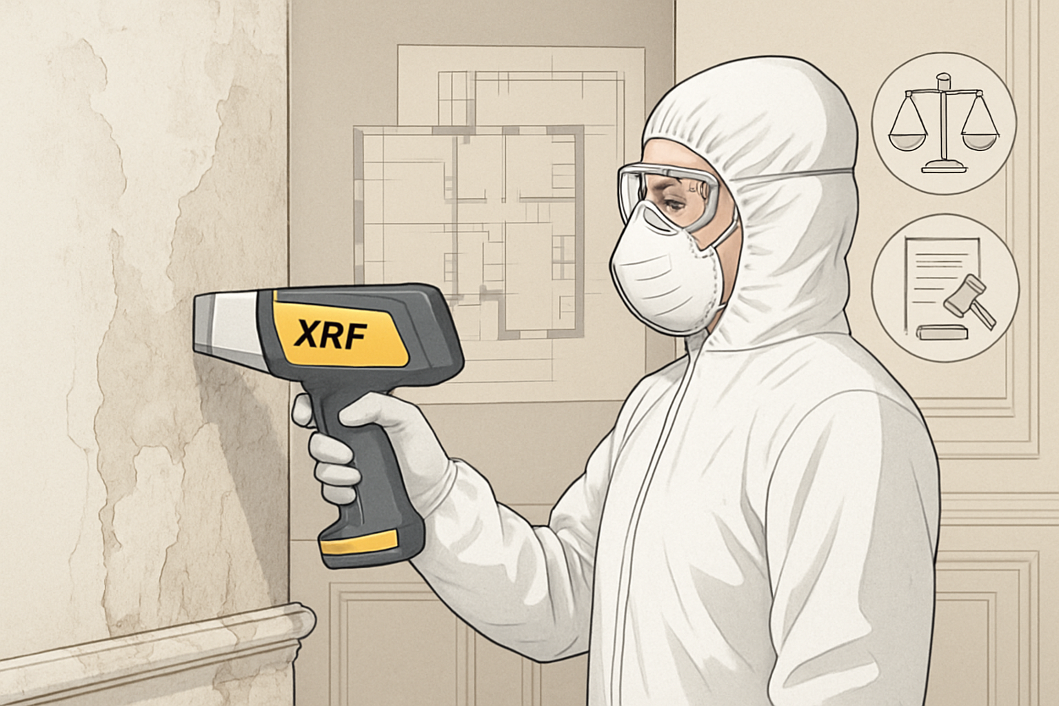 Illustration réaliste et professionnelle d’un technicien en combinaison de protection effectuant un contrôle au pistolet XRF sur un mur ancien dans un appartement haussmannien, avec en arrière-plan des plans de bâtiment et des icônes légales symbolisant les obligations réglementaires, éclairage neutre, couleurs sobres, style infographie épurée