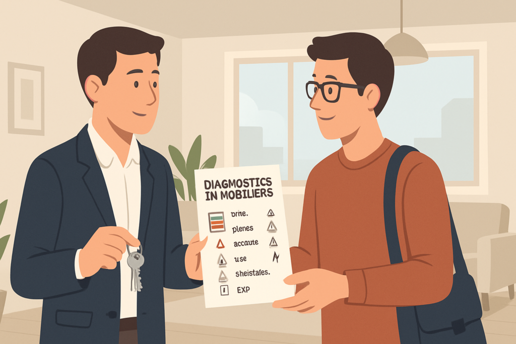 Illustration vectorielle en flat design représentant un propriétaire remettant à un locataire un dossier de diagnostics immobiliers (DPE, plomb, amiante, gaz, électricité, ERP) dans un appartement lumineux et moderne, couleurs sobres et professionnelles, cadrage horizontal 16:9, ambiance claire et rassurante