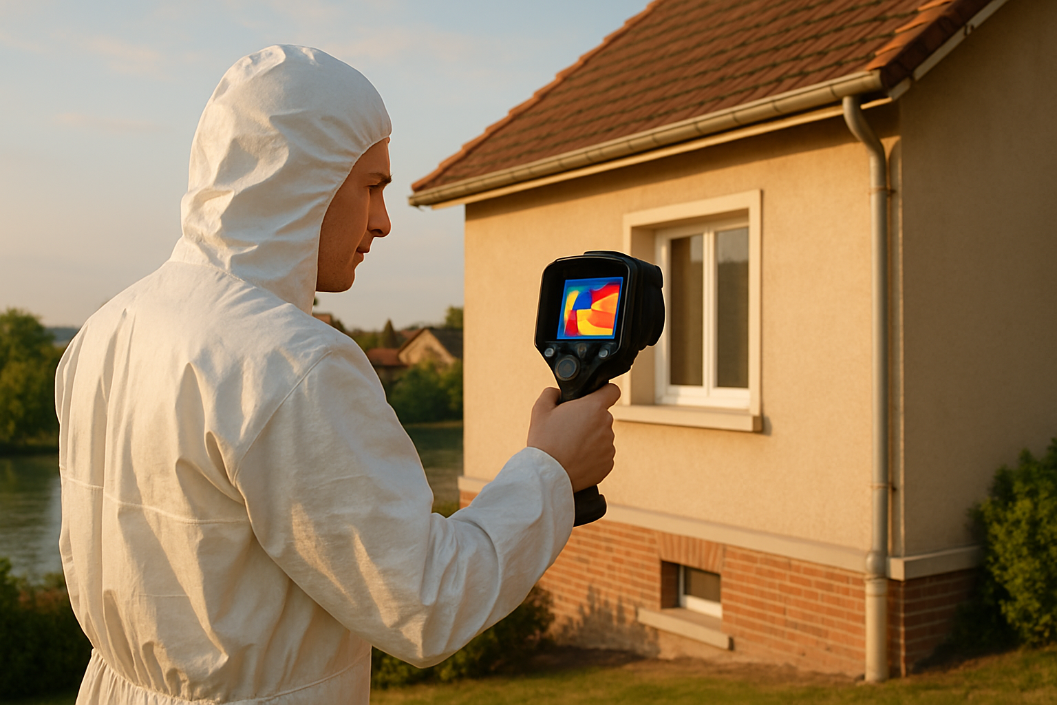 Illustration professionnelle en haute résolution d’un diagnostiqueur immobilier portant une combinaison et tenant un appareil de mesure thermique, inspectant la façade d’une maison pavillonnaire typique d’Île-de-France à Conflans-Sainte-Honorine. En arrière-plan, la Seine et le clocher de l’église se détachent sous une douce lumière de fin d’après-midi. Style photographie réaliste, couleurs naturelles, ambiance sérieuse et chaleureuse.