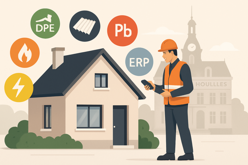 Illustration vectorielle professionnelle d’un diagnostiqueur immobilier en tenue de chantier inspectant une maison pavillonnaire typique d’Île-de-France, au premier plan, avec la silhouette stylisée de la mairie de Houilles en arrière-plan. Autour, des pictogrammes colorés représentant DPE, amiante, plomb, gaz, électricité et ERP. Style flat design épuré, palette de tons sobres et lumière naturelle, orientation paysage.
