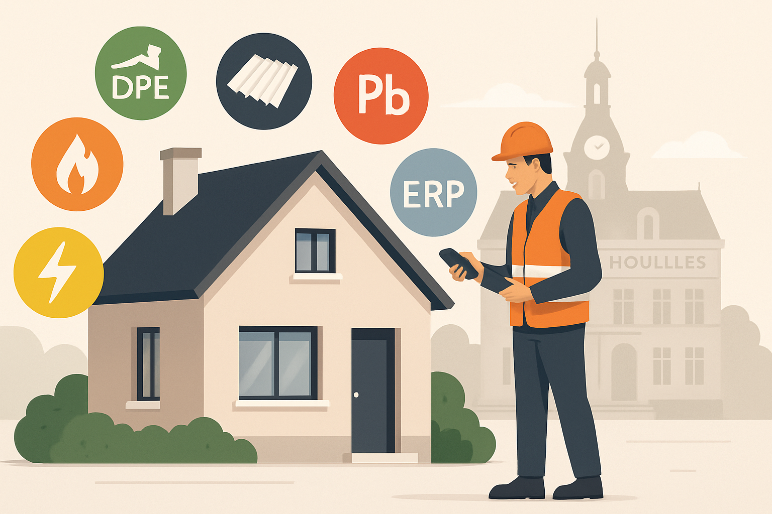 Illustration vectorielle professionnelle d’un diagnostiqueur immobilier en tenue de chantier inspectant une maison pavillonnaire typique d’Île-de-France, au premier plan, avec la silhouette stylisée de la mairie de Houilles en arrière-plan. Autour, des pictogrammes colorés représentant DPE, amiante, plomb, gaz, électricité et ERP. Style flat design épuré, palette de tons sobres et lumière naturelle, orientation paysage.