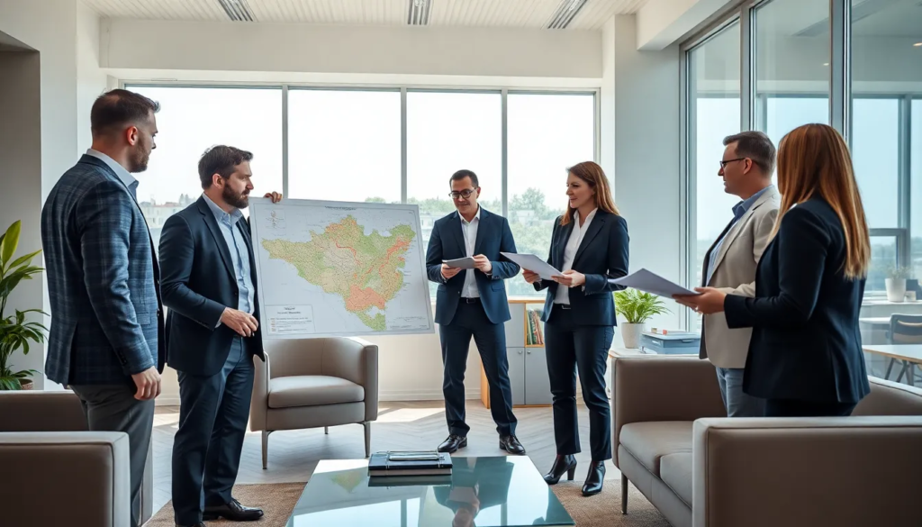 Cinq professionnels dans un bureau lumineux discutant des zones à risque de mérule dans les Côtes-d’Armor, avec une carte des zones concernées et des documents sur les diagnostics immobiliers.