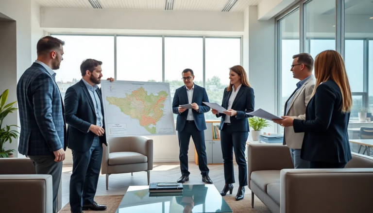Cinq professionnels dans un bureau lumineux discutant des zones à risque de mérule dans les Côtes-d’Armor, avec une carte des zones concernées et des documents sur les diagnostics immobiliers.