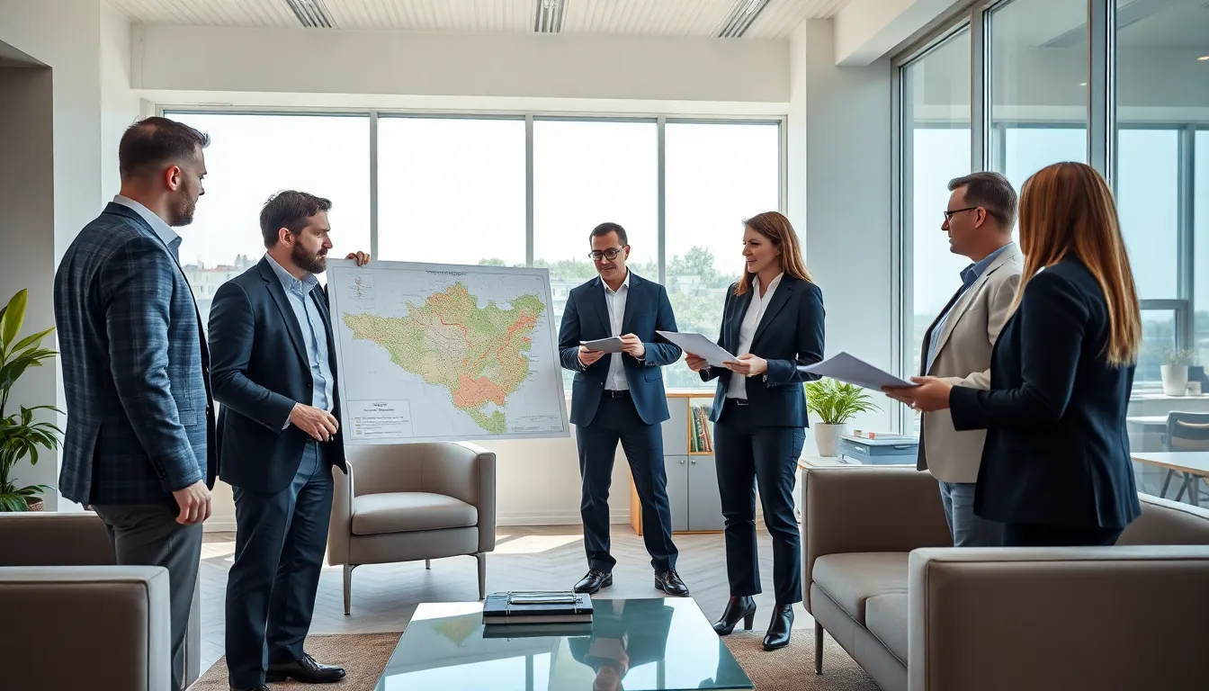 Cinq professionnels dans un bureau lumineux discutant des zones à risque de mérule dans les Côtes-d’Armor, avec une carte des zones concernées et des documents sur les diagnostics immobiliers.