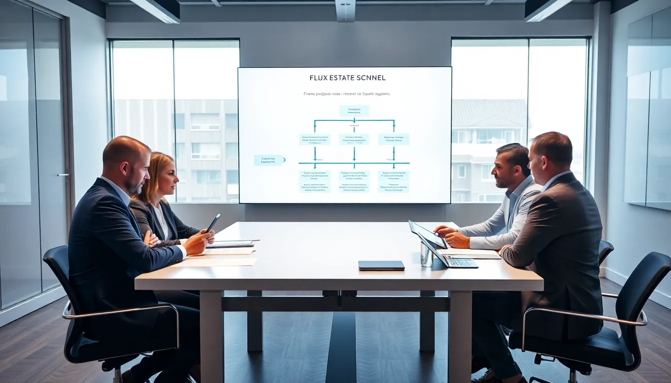 Cinq professionnels du diagnostic immobilier en réunion dans un bureau moderne, discutant de la création d'un ordre professionnel avec des documents et des tablettes.