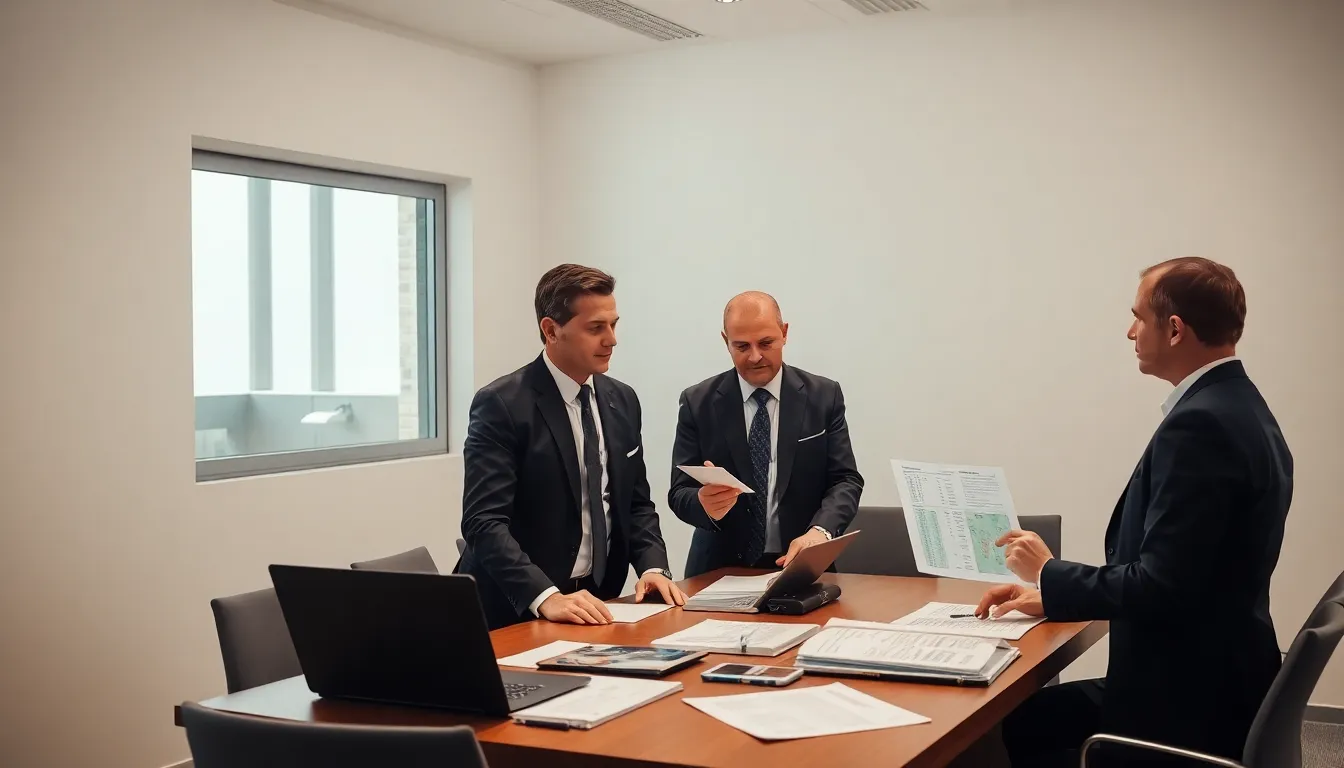 Cinq professionnels en tenue formelle discutant des nouvelles réglementations DPE autour d'une table dans un bureau moderne, avec documents et ordinateur portable.