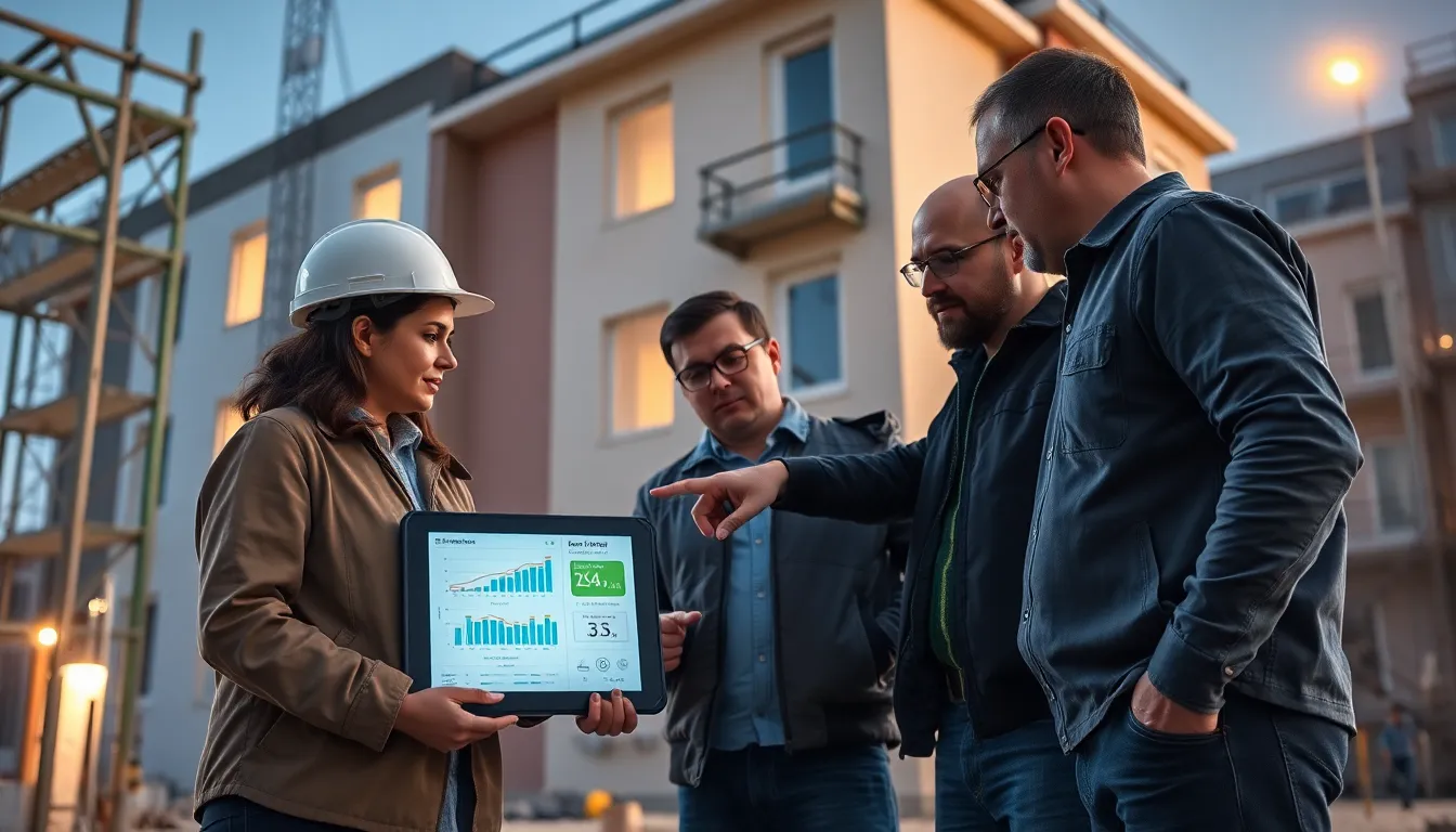 Quatre professionnels sur un chantier réalisant un diagnostic de performance énergétique sur un bâtiment résidentiel, analysant des statistiques sur une tablette.