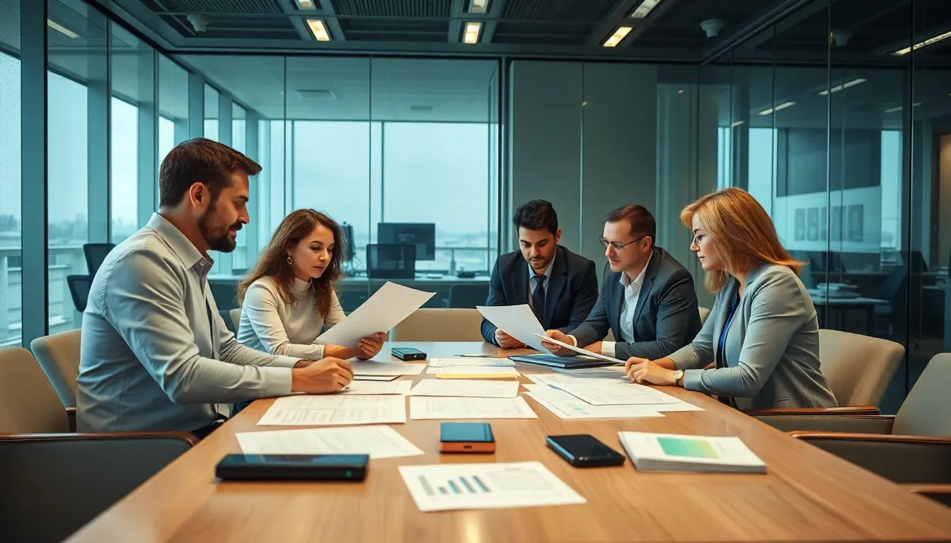 Cinq professionnels dans un bureau lumineux examinant des documents sur les nouvelles mesures de la loi contre la fraude aux aides publiques, entourés de rapports et de dispositifs numériques.