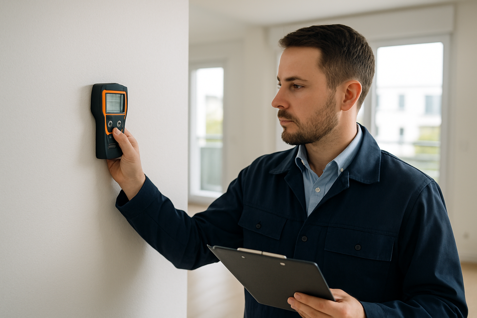 Vue réaliste en haute définition d un diagnostiqueur immobilier en tenue professionnelle scannant un mur avec un appareil électronique dans un appartement lumineux situé à Carrières sous Poissy, atmosphère moderne et sérieuse, éclairage naturel venant d une grande fenêtre, style photo corporate