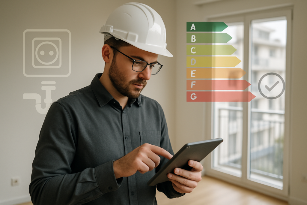 Illustration réaliste d’un expert en diagnostic immobilier portant un casque et tenant une tablette numérique, inspectant minutieusement un appartement lumineux avec vues sur les installations électriques et la plomberie, icônes de performance énergétique et de conformité en surimpression, style photo professionnelle, lumière naturelle, couleurs sobres et rassurantes
