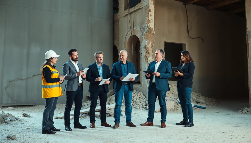 Cinq professionnels sur un chantier discutant des dommages causés par des mouvements de sol, inspectant un bâtiment endommagé avec des fissures visibles.