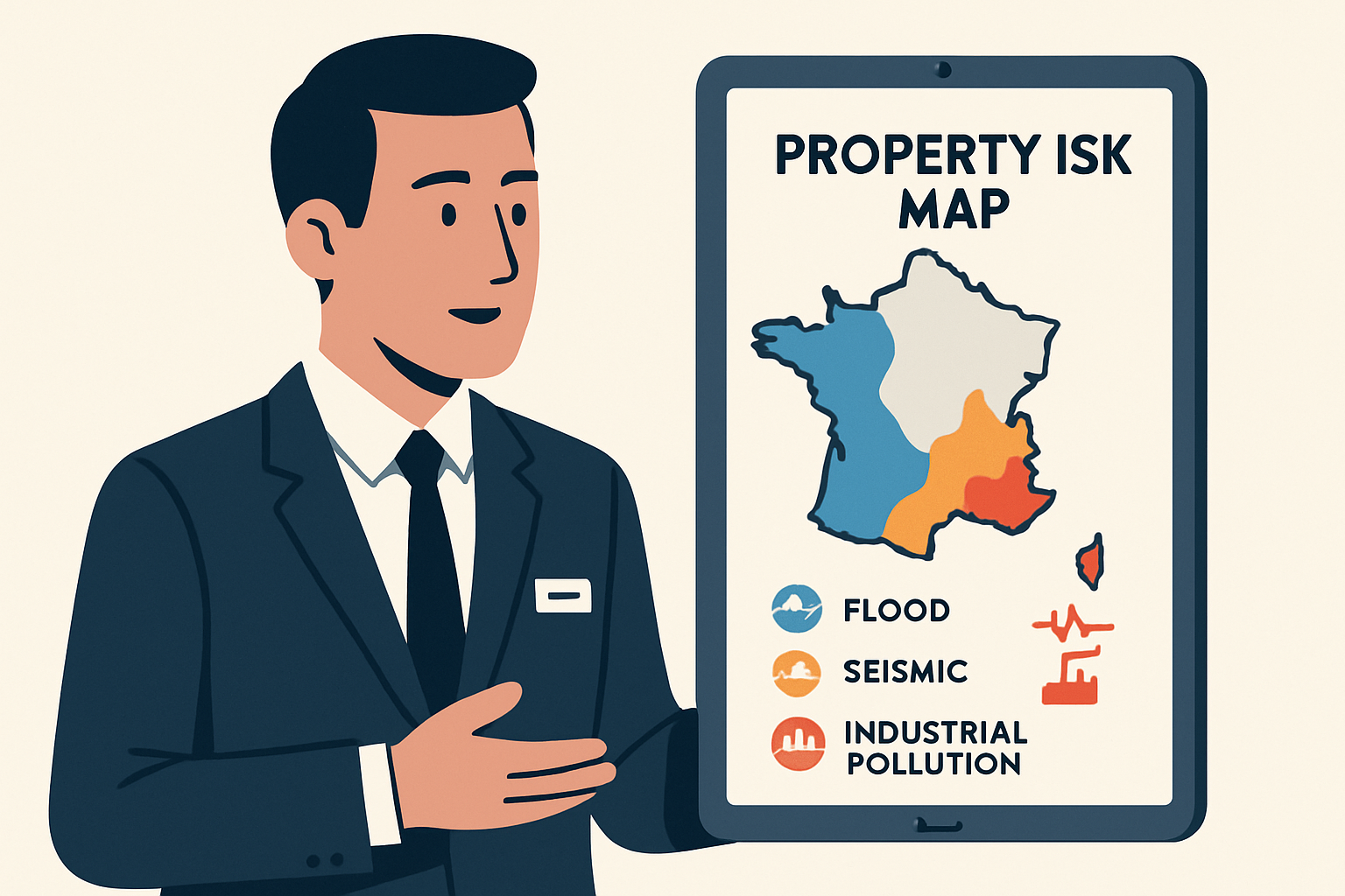 Professional flat design illustration of a real estate agent showing a French property risk map on a digital tablet, highlighting flood, seismic and industrial pollution zones, modern clean colours, corporate style, high resolution