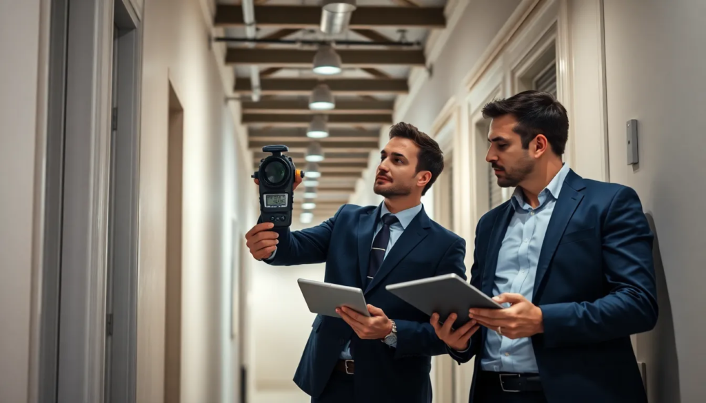 Deux professionnels en train d'inspecter un bâtiment résidentiel pour un diagnostic de performance énergétique, avec des équipements techniques et un carnet de notes.