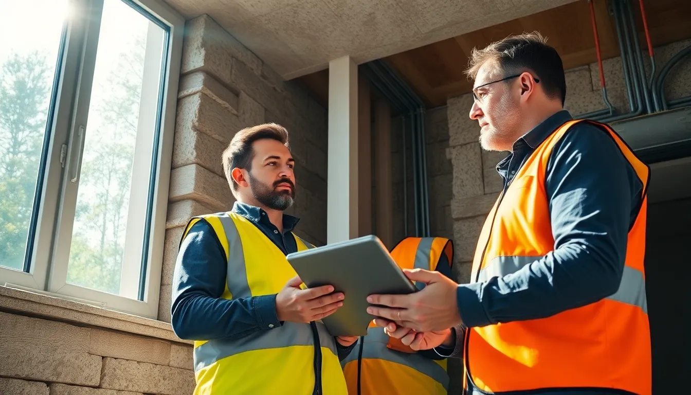 Équipe de professionnels inspectant un immeuble résidentiel pour un diagnostic de performance énergétique (DPE), mettant en valeur l'expertise et la technologie dans le domaine immobilier.