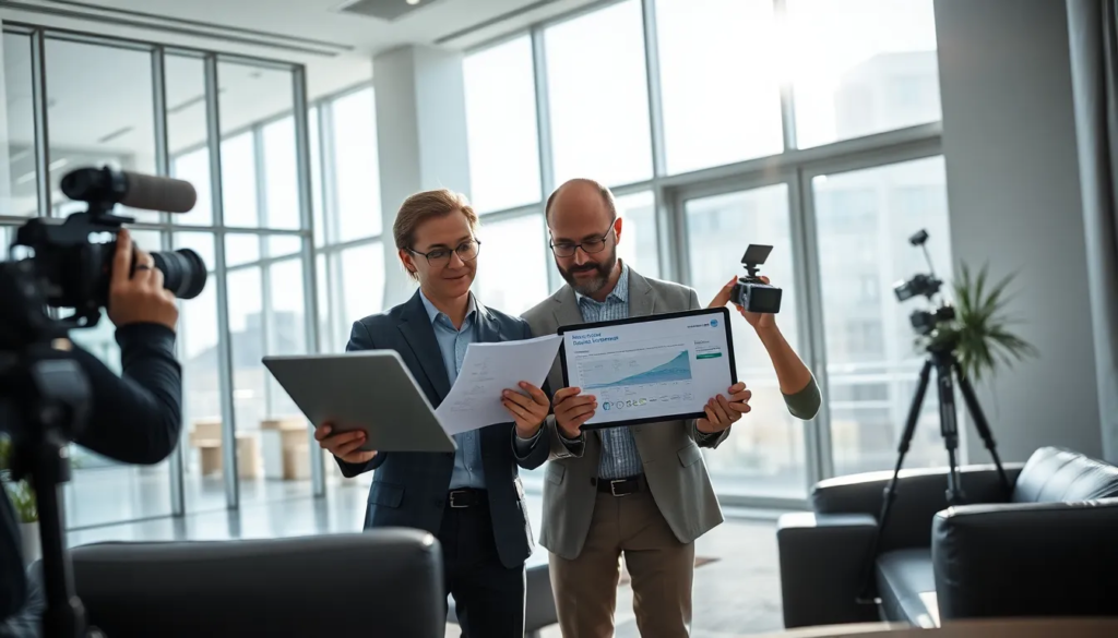 Deux professionnels utilisant une tablette pour un état des lieux numérique, tandis qu’un troisième documente l’inspection avec un appareil photo dans un bureau moderne.