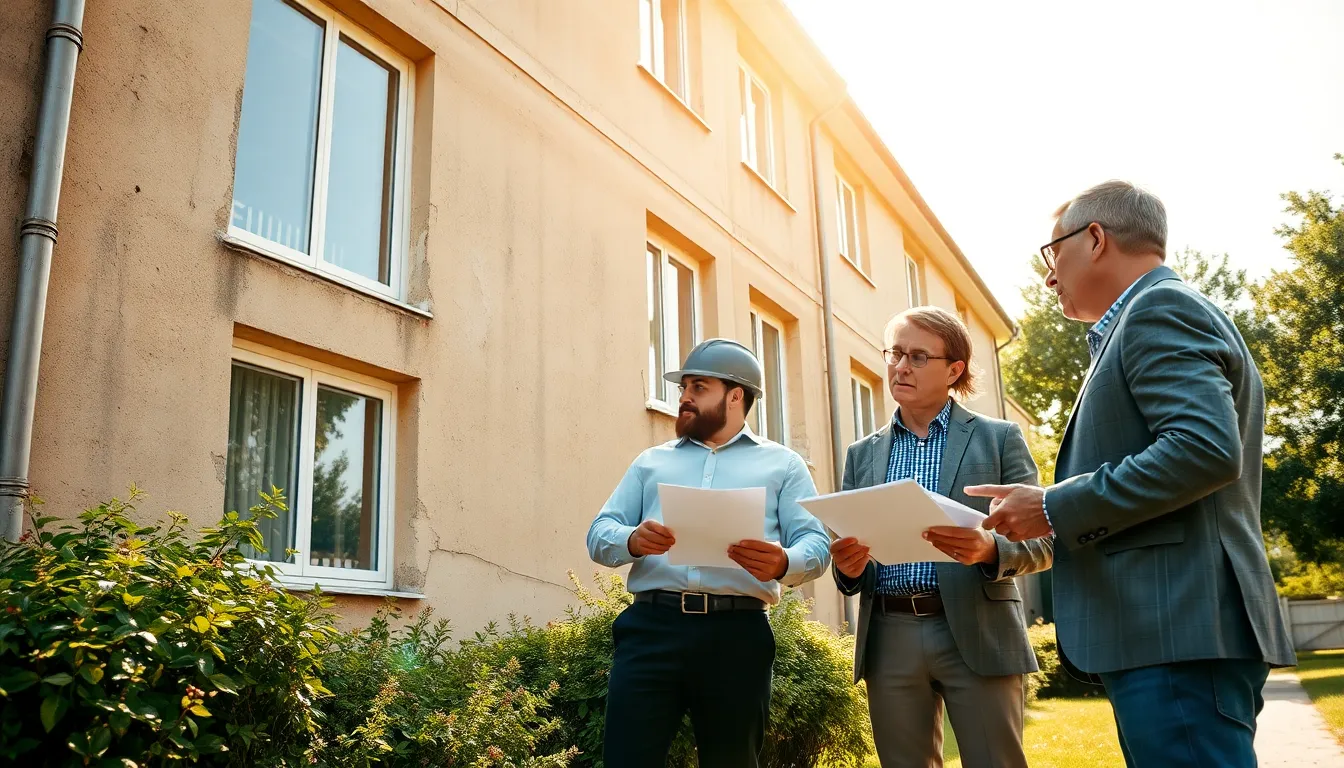 Groupe de professionnels examinant un bâtiment résidentiel, discutant des améliorations à apporter pour l'efficacité énergétique et le confort d'été, ensoleillé et professionnel.