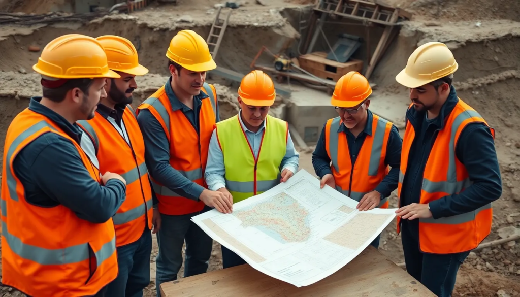 Cinq professionnels en gilets de sécurité et casques examinant un rapport sur les dommages causés par des catastrophes naturelles sur un site de construction avec un sol endommagé en arrière-plan.