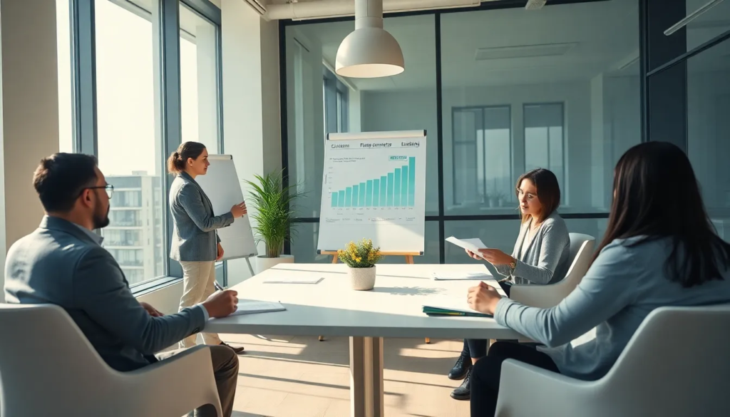 Cinq professionnels dans un bureau lumineux discutant des recommandations sur l'action climatique dans le secteur du bâtiment, avec des graphiques affichés sur un tableau.