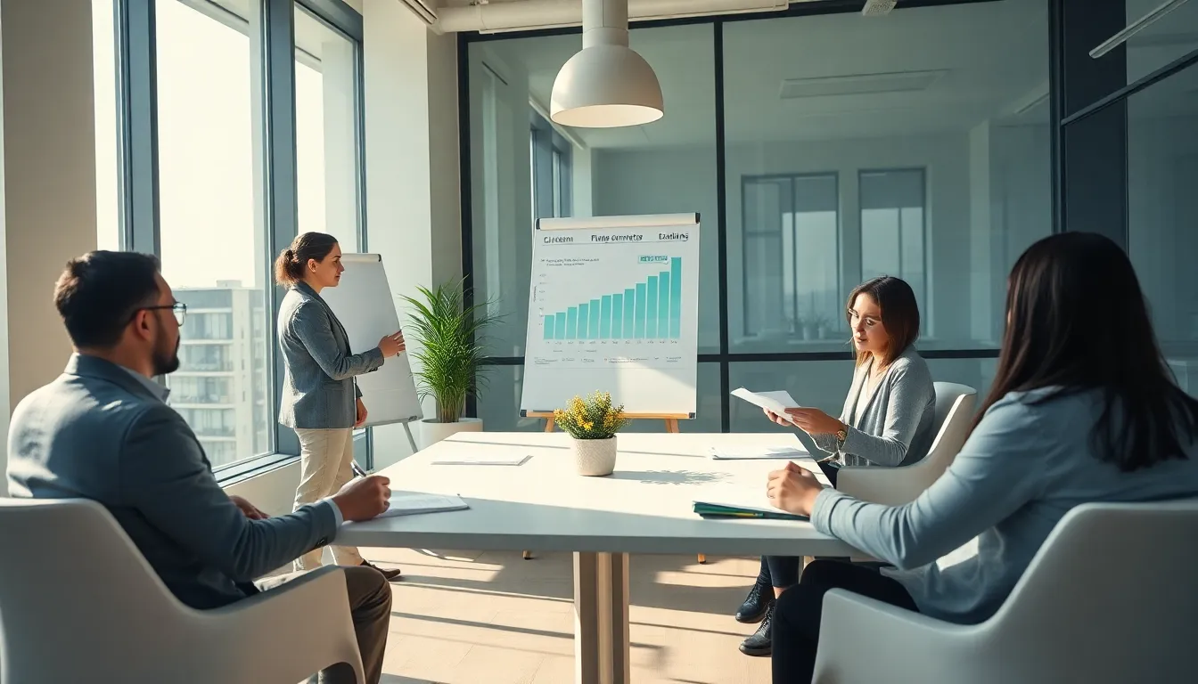 Cinq professionnels dans un bureau lumineux discutant des recommandations sur l'action climatique dans le secteur du bâtiment, avec des graphiques affichés sur un tableau.