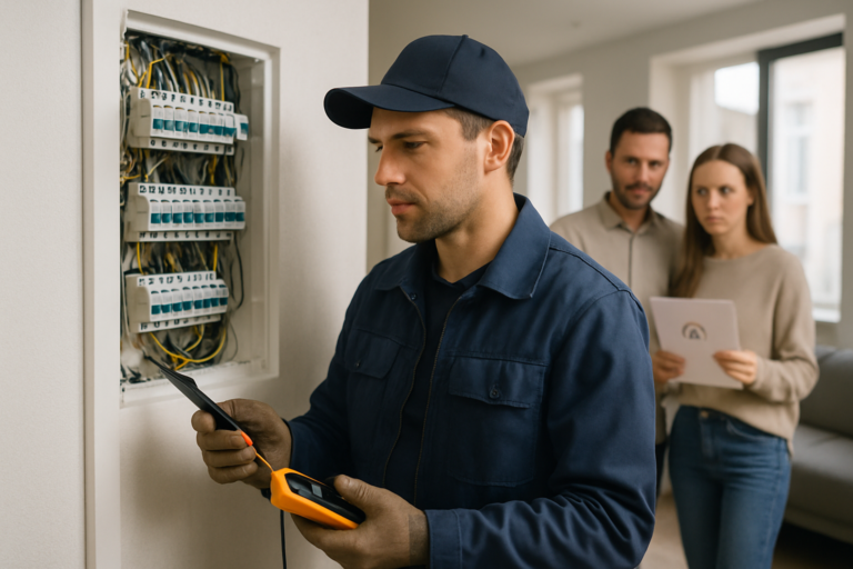 Illustration réaliste d un électricien professionnel inspectant un tableau électrique ouvert dans un appartement moderne lumineux avec un couple de propriétaires en second plan tenant des documents de vente immobilière ambiance sérieuse couleurs neutres style photographie éditoriale