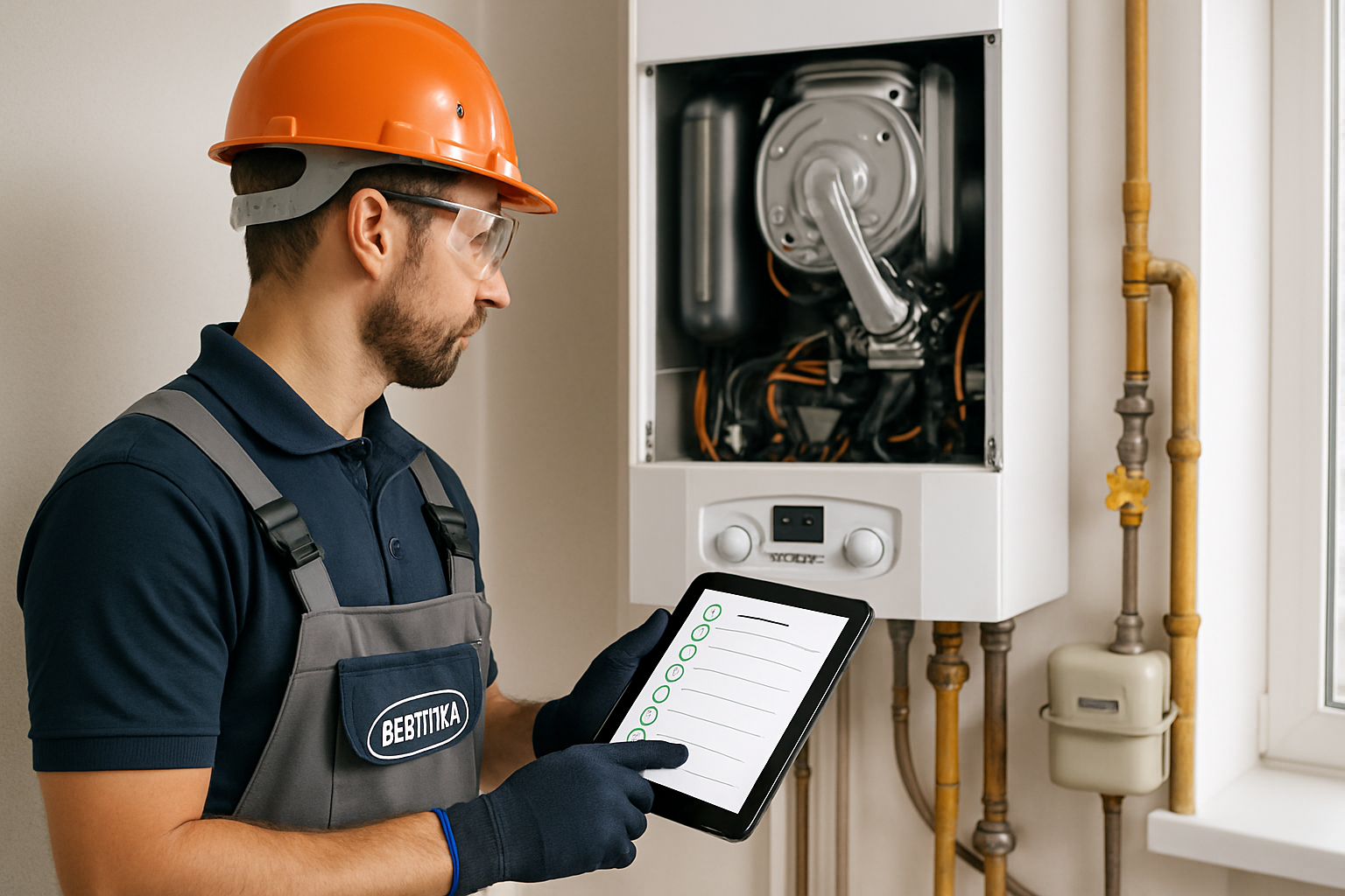 Illustration réaliste d un technicien certifié effectuant un diagnostic gaz sur une chaudière domestique moderne ; il tient une tablette avec checklist et porte des équipements de sécurité ; tuyauterie et compteur gaz visibles ; décor intérieur lumineux type logement français ; style photographie professionnelle haute résolution