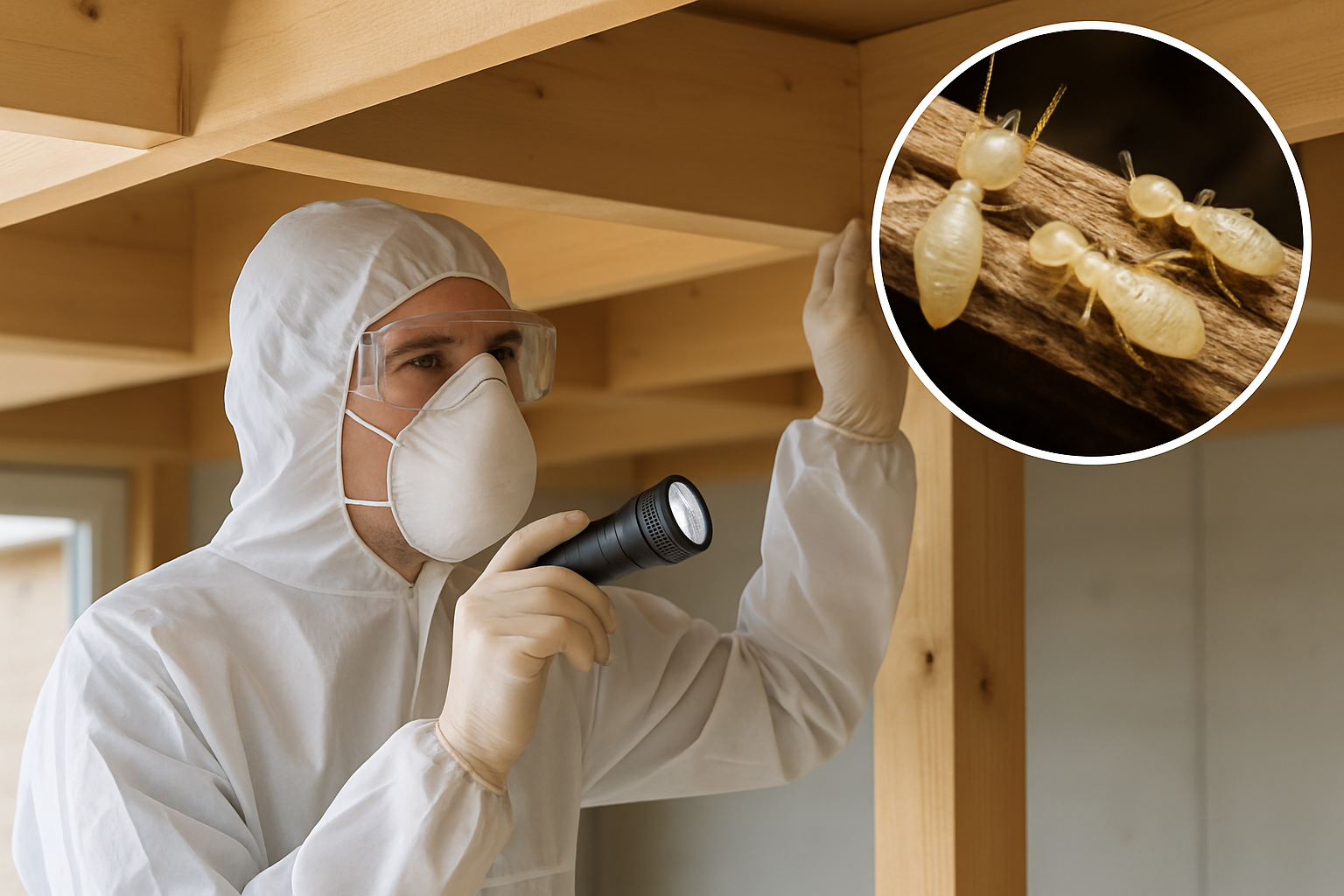 Illustration réaliste d’un technicien en combinaison de protection inspectant une charpente en bois avec une lampe torche, gros plan sur des termites agrandies en incrustation, environnement de chantier propre, lumière naturelle, style photo professionnelle, couleurs neutres, format horizontal, haute résolution