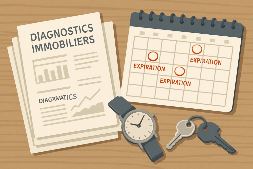 Illustration vectorielle montrant plusieurs rapports de diagnostics immobiliers empilés avec en surimpression un calendrier indiquant des dates d expiration, une montre et des clés de maison sur un bureau en bois, couleurs sobres, style professionnel, éclairage naturel, orientation horizontale